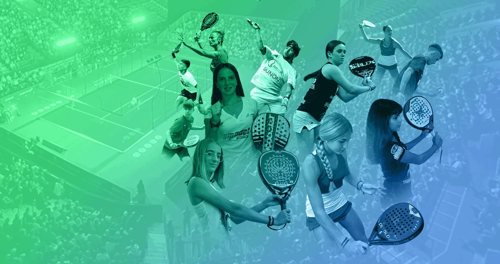 Cabecera de la web de Padel Agency con el montaje de jugadores sobre el degradado de marca.